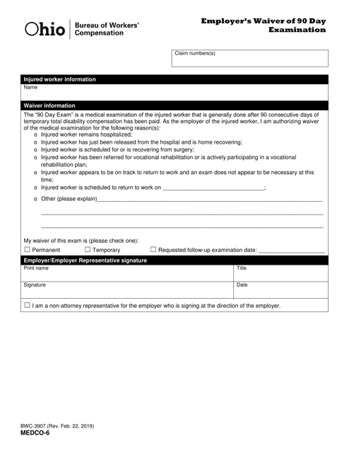 Form MEDCO-6 (BWC-3907) Employer's Waiver of 90 Day Examination - Ohio