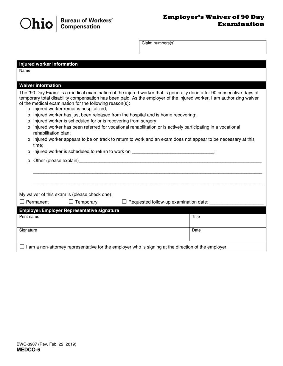 Form MEDCO-6 (BWC-3907) Employers Waiver of 90 Day Examination - Ohio, Page 1