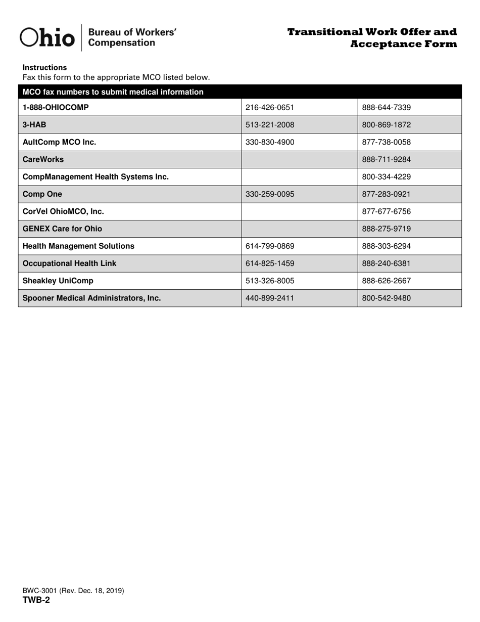 Form TWB-2 (BWC-3001) Transitional Work Offer and Acceptance Form - Ohio, Page 2