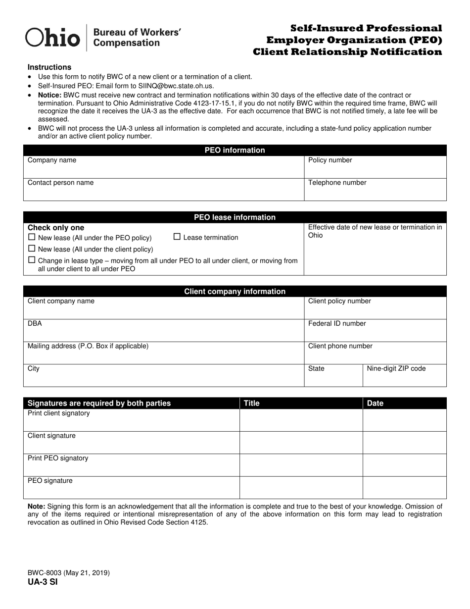 Form UA-3 SI (BWC-8003) Self-insured Professional Employer Organization (Peo) Client Relationship Notification - Ohio, Page 1