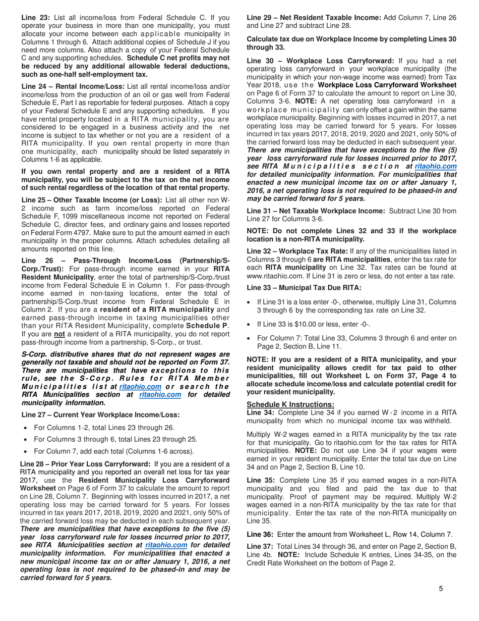 Instructions for Form 37 Individual Municipal Income Tax Return - Ohio, Page 5
