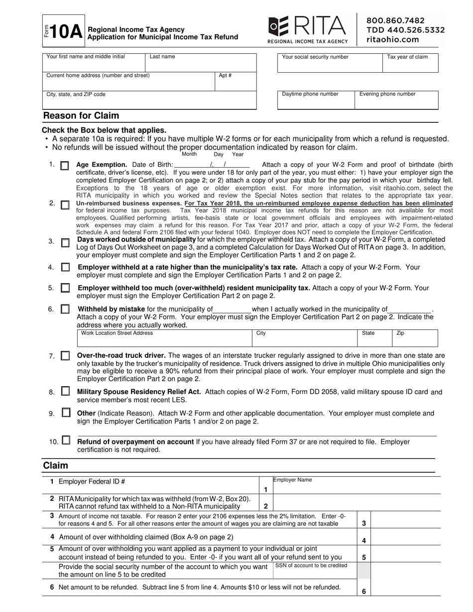 Form 10A Application for Municipal Income Tax Refund - Ohio, Page 1