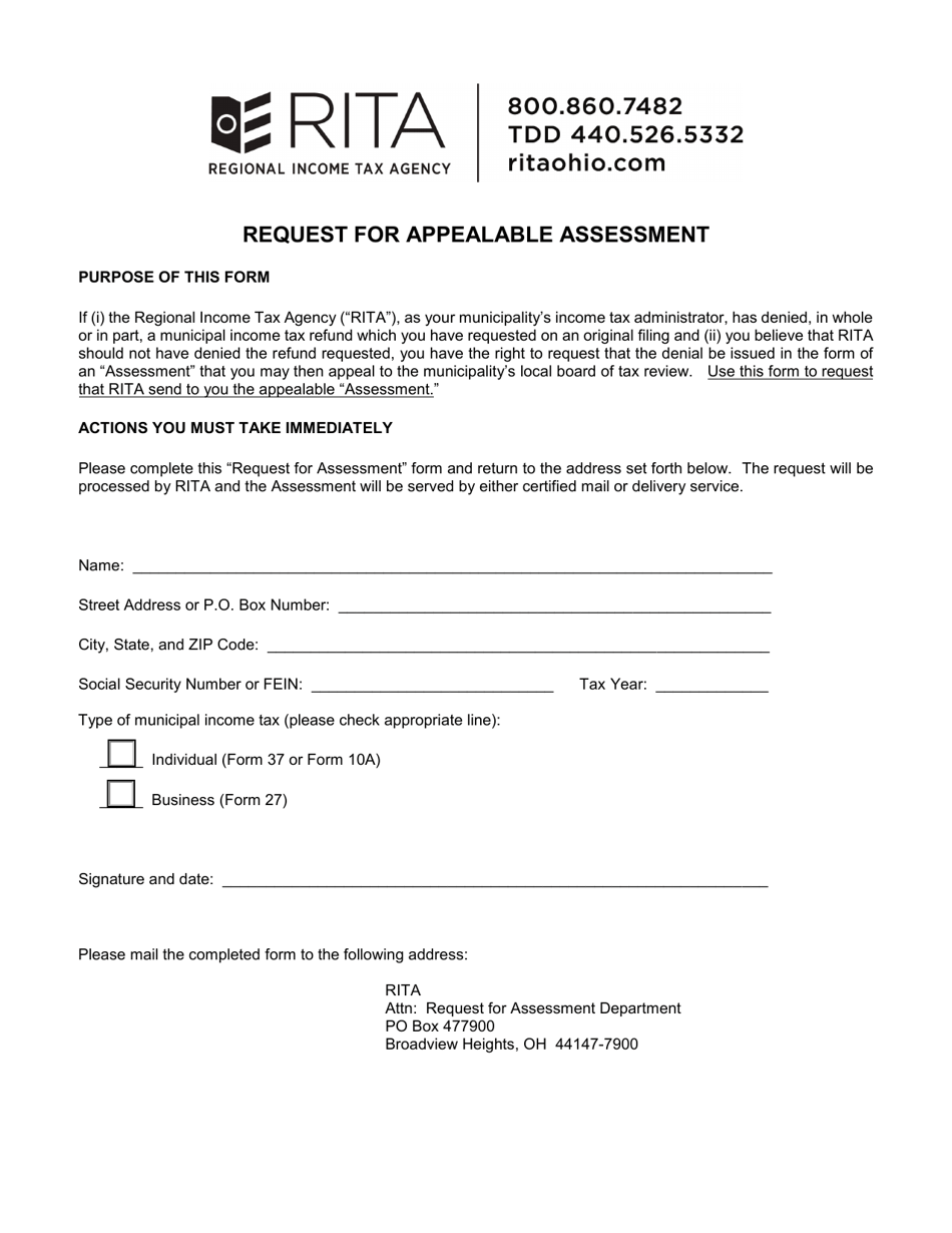 Request for Appealable Assessment - Ohio, Page 1