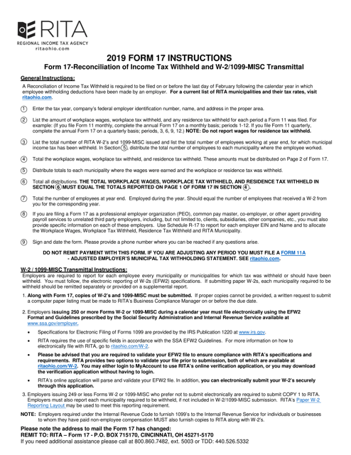 Instructions for Form 17 Reconciliation of Income Tax Withheld and W-2/1099-misc Transmittal - Ohio, 2019