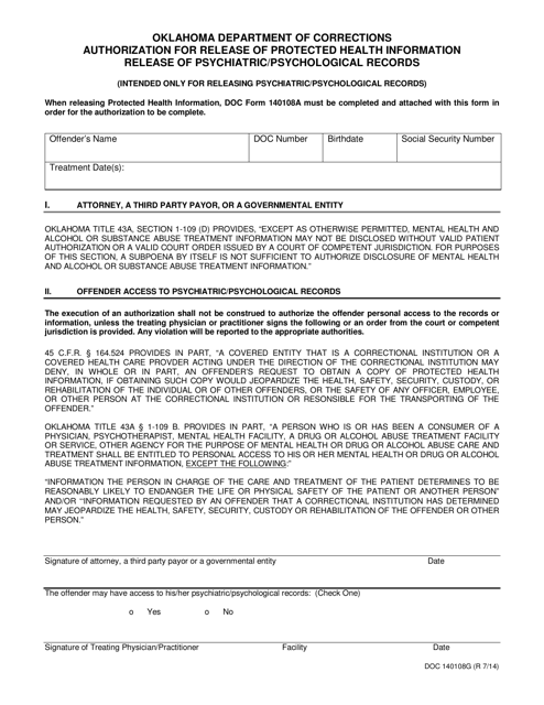 DOC Form 140108G Authorization for Release of Protected Health Information Release of Psychiatric/Psychological Records - Oklahoma