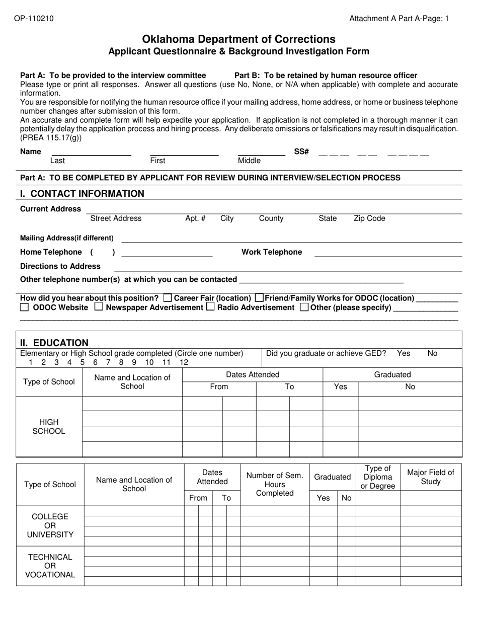 Form OP-110210 Attachment A Part a - Applicant Questionnaire  Background Investigation Form - Oklahoma, Page 1