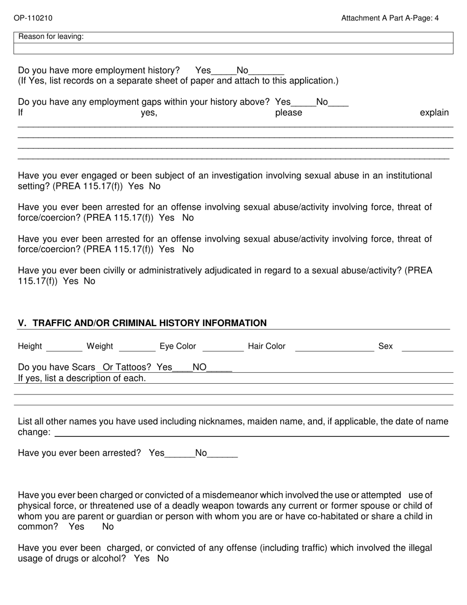 Form OP-110210 Attachment A Part a - Applicant Questionnaire  Background Investigation Form - Oklahoma, Page 4