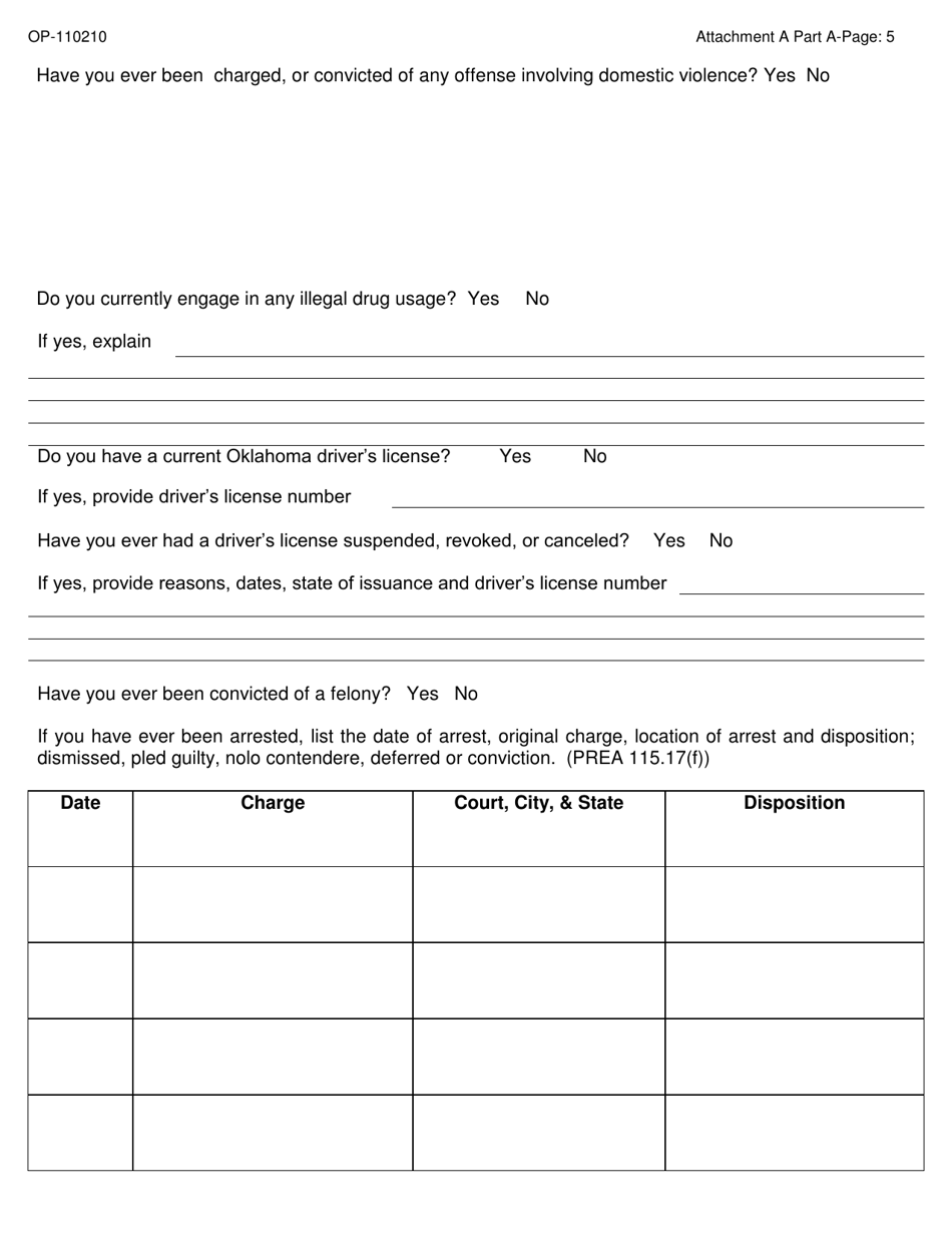 Form OP-110210 Attachment A Part a - Applicant Questionnaire  Background Investigation Form - Oklahoma, Page 5