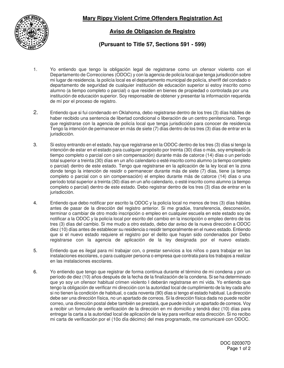 Formulario OP-020307D Aviso De Obligacion De Registro - Oklahoma (Spanish), Page 1