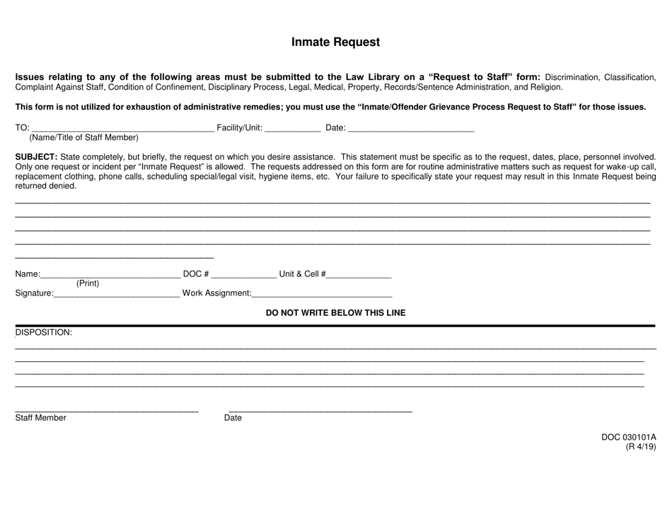 DOC Form 030101A Inmate Request - Oklahoma, Page 1