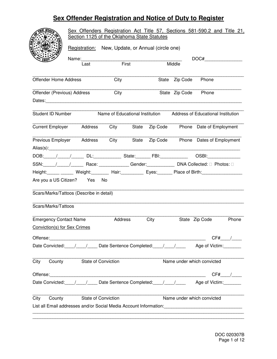 DOC Form 020307B Sex Offender Registration and Notice of Duty to Register - Oklahoma, Page 1