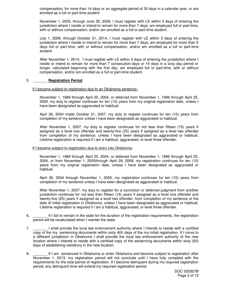 DOC Form 020307B Sex Offender Registration and Notice of Duty to Register - Oklahoma, Page 3
