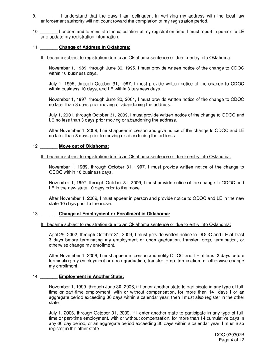 DOC Form 020307B Sex Offender Registration and Notice of Duty to Register - Oklahoma, Page 4