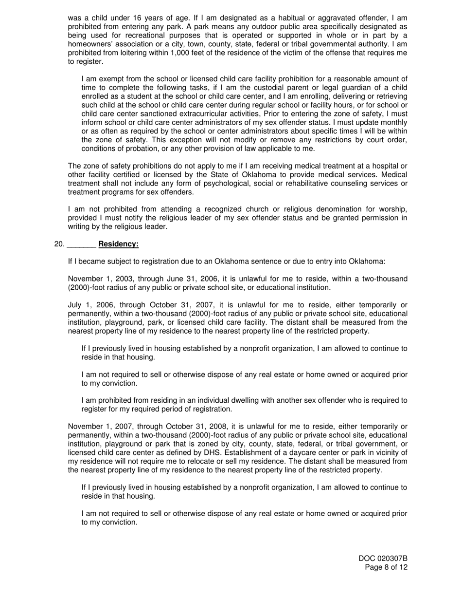 DOC Form 020307B Sex Offender Registration and Notice of Duty to Register - Oklahoma, Page 8