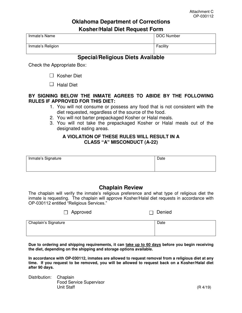 Form OP-030112 Attachment C Kosher / Halal Diet Request Form - Oklahoma, Page 1