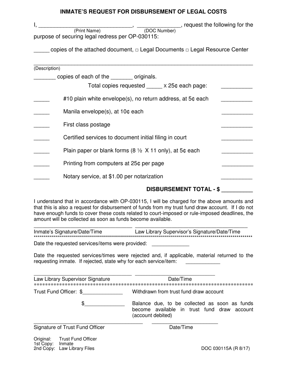DOC Form 030115A Inmates Request for Disbursement of Legal Costs - Oklahoma, Page 1