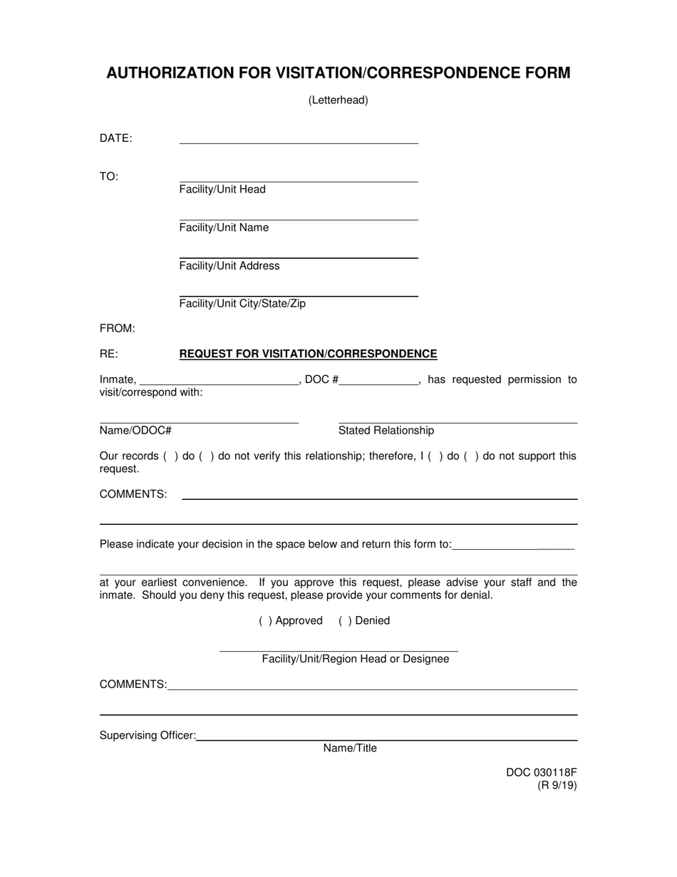 DOC Form 030118F Authorization for Visitation / Correspondence Form - Oklahoma, Page 1