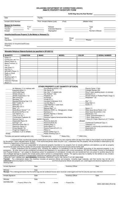 DOC Form 030120A Inmate Property Inventory Form - Oklahoma
