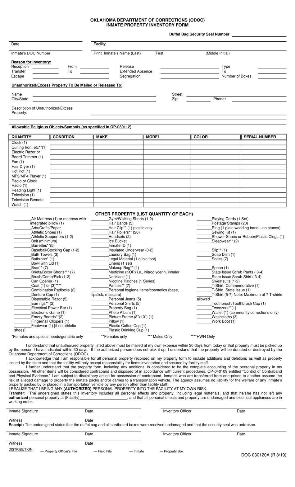 DOC Form 030120A Inmate Property Inventory Form - Oklahoma, Page 1