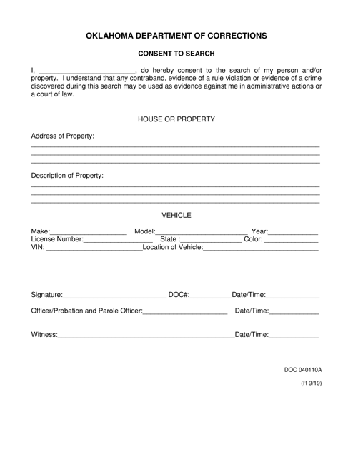 DOC Form 040110A Consent to Search - Oklahoma