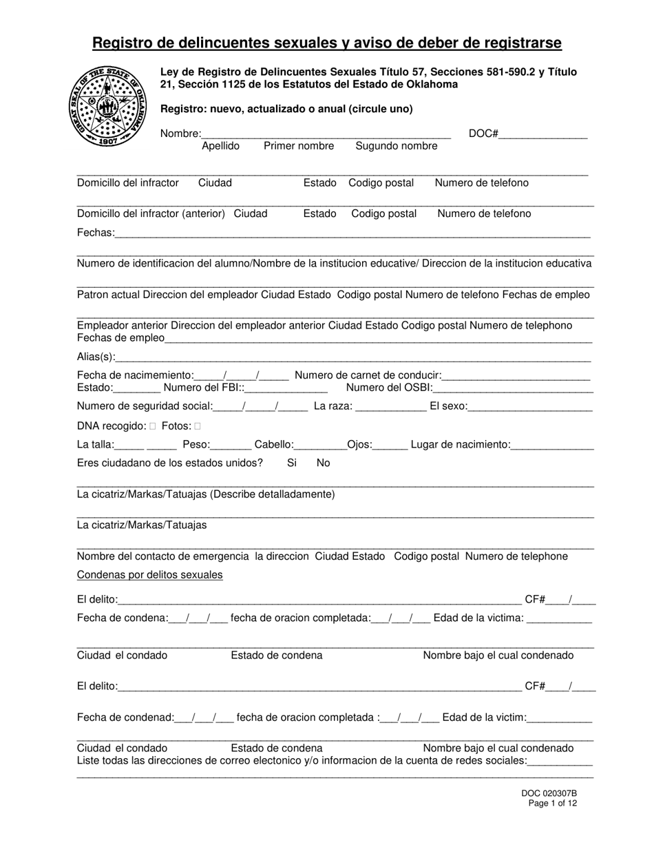 DOC Formulario 020307B Registro De Delincuentes Sexuales Y Aviso De Deber De Registrarse - Oklahoma (Spanish), Page 1
