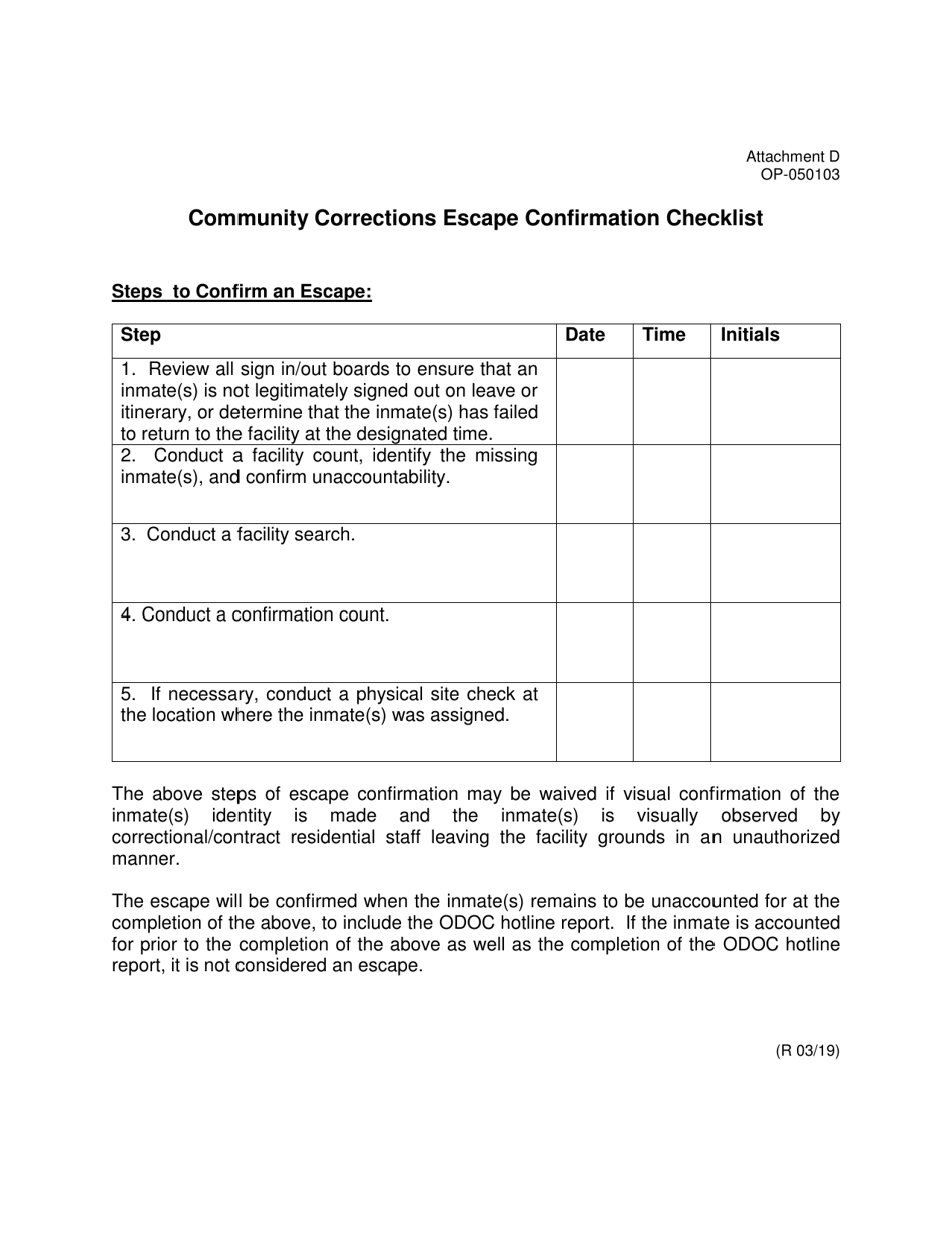 Form OP-050103 Attachment D Community Corrections Escape Confirmation Checklist - Oklahoma, Page 1