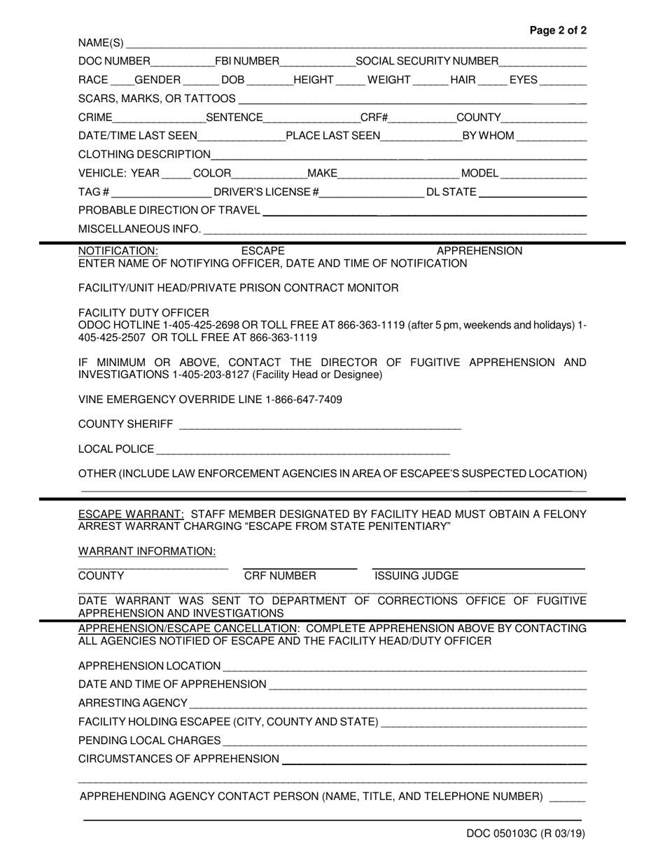 DOC Form 050103C Escape Checklist - Oklahoma, Page 2