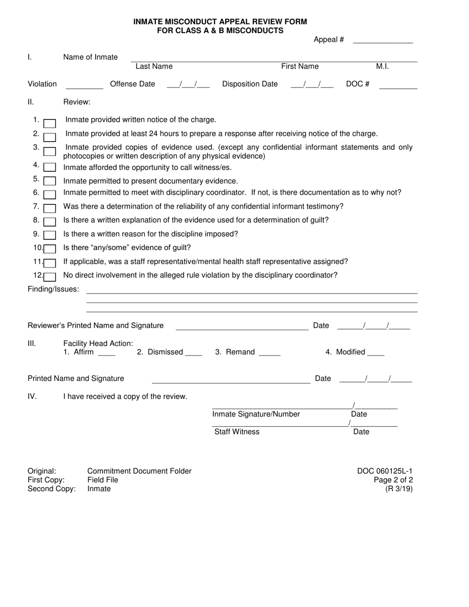 DOC Form 060125L-1 Inmates Misconduct Appeal Form for Class a  B Misconducts - Oklahoma, Page 3