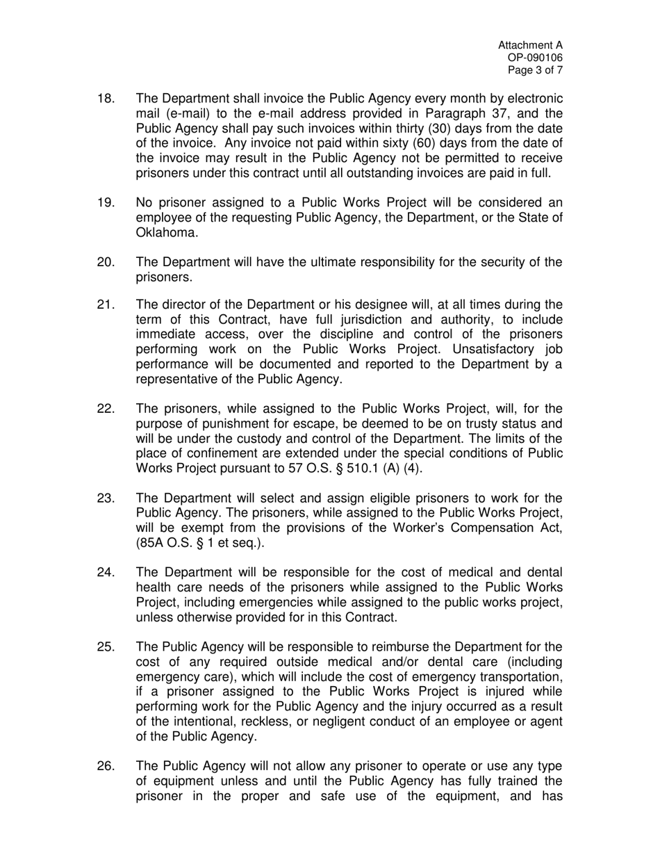 Form OP-090106 Attachment A Prisoners Public Works Project Contract - Oklahoma, Page 3