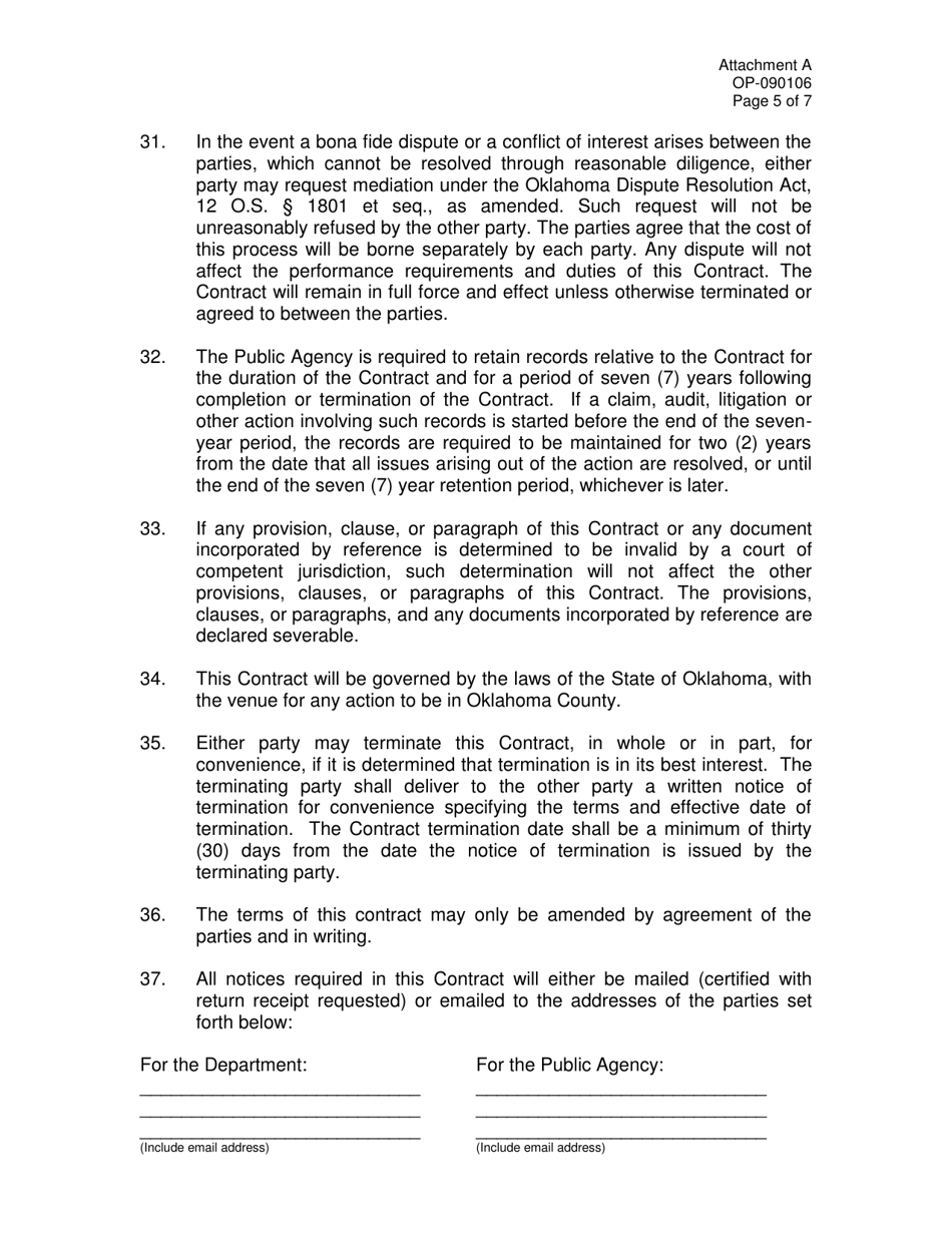Form OP-090106 Attachment A Prisoners Public Works Project Contract - Oklahoma, Page 5