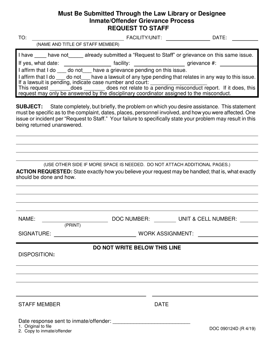 DOC Form 090124D Inmate / Offender Grievance Process Request to Staff - Oklahoma, Page 1