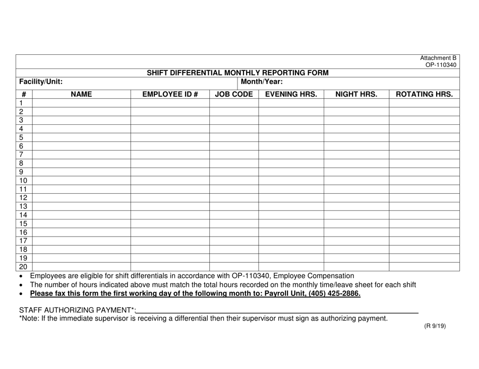 Form OP-110340 Attachment B Shift Differential Monthly Reporting Form - Oklahoma, Page 1
