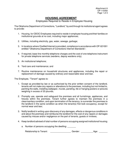 Form OP-110350 Attachment A Housing Agreement (Employees Required to Reside in Employee Housing) - Oklahoma