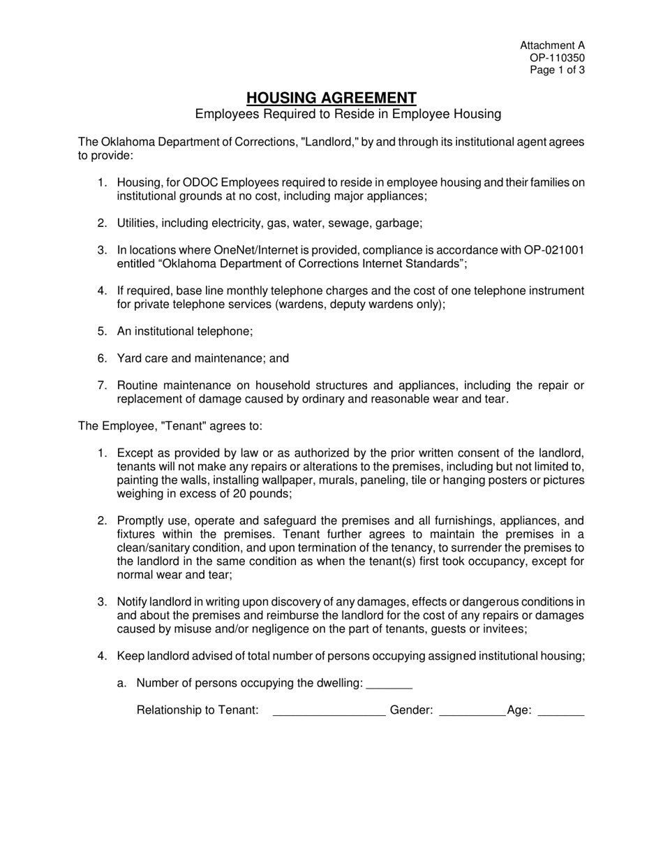 Form OP-110350 Attachment A Housing Agreement (Employees Required to Reside in Employee Housing) - Oklahoma, Page 1