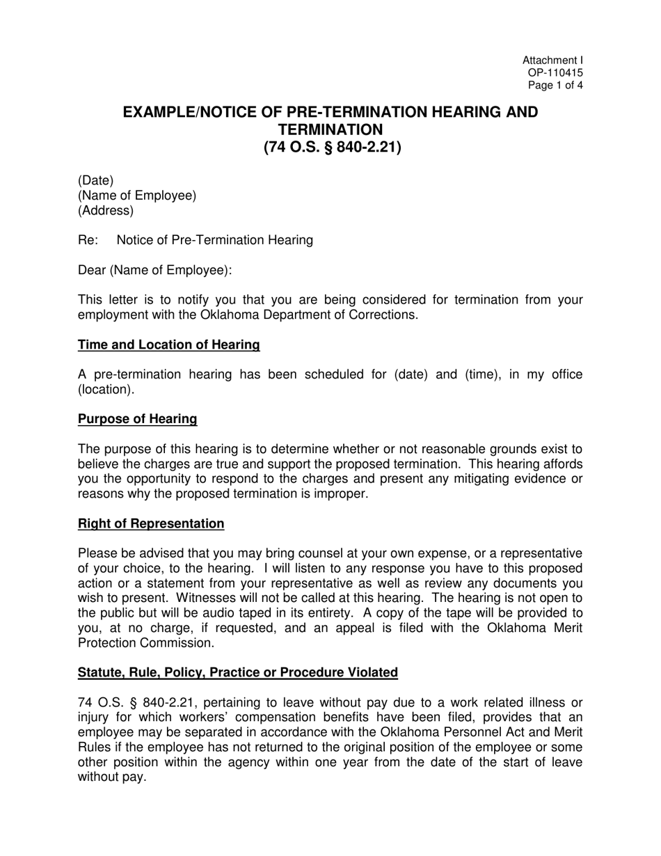 Form OP-110415 Attachment I Example / Notice of Pre-termination Hearing and Termination - Oklahoma, Page 1