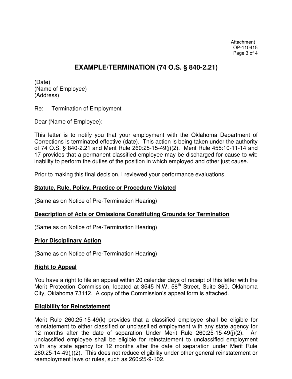 Form OP-110415 Attachment I Example / Notice of Pre-termination Hearing and Termination - Oklahoma, Page 3