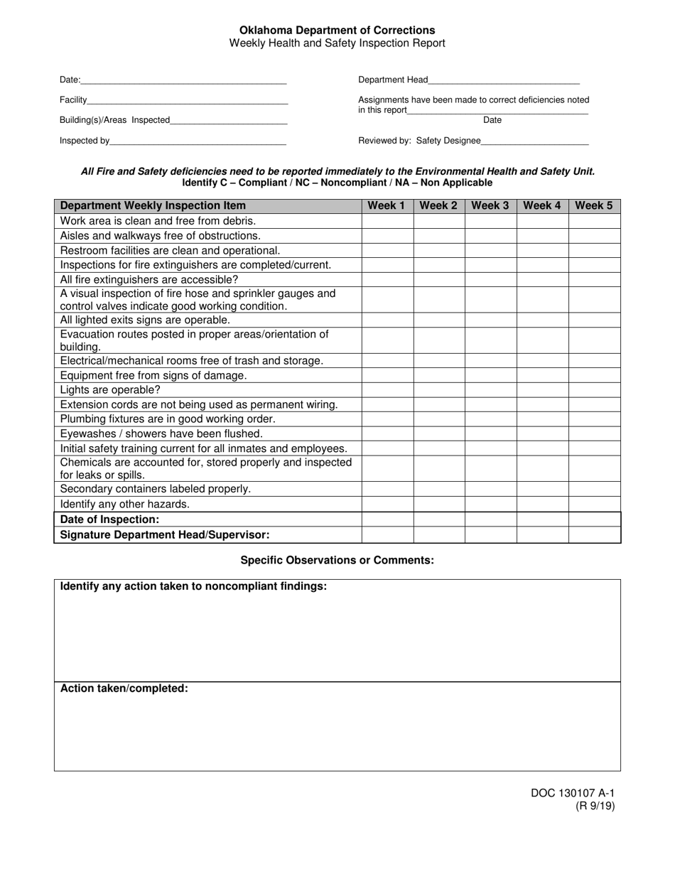 DOC Form 130107 A-1 Weekly Health and Safety Inspection Report - Oklahoma, Page 1