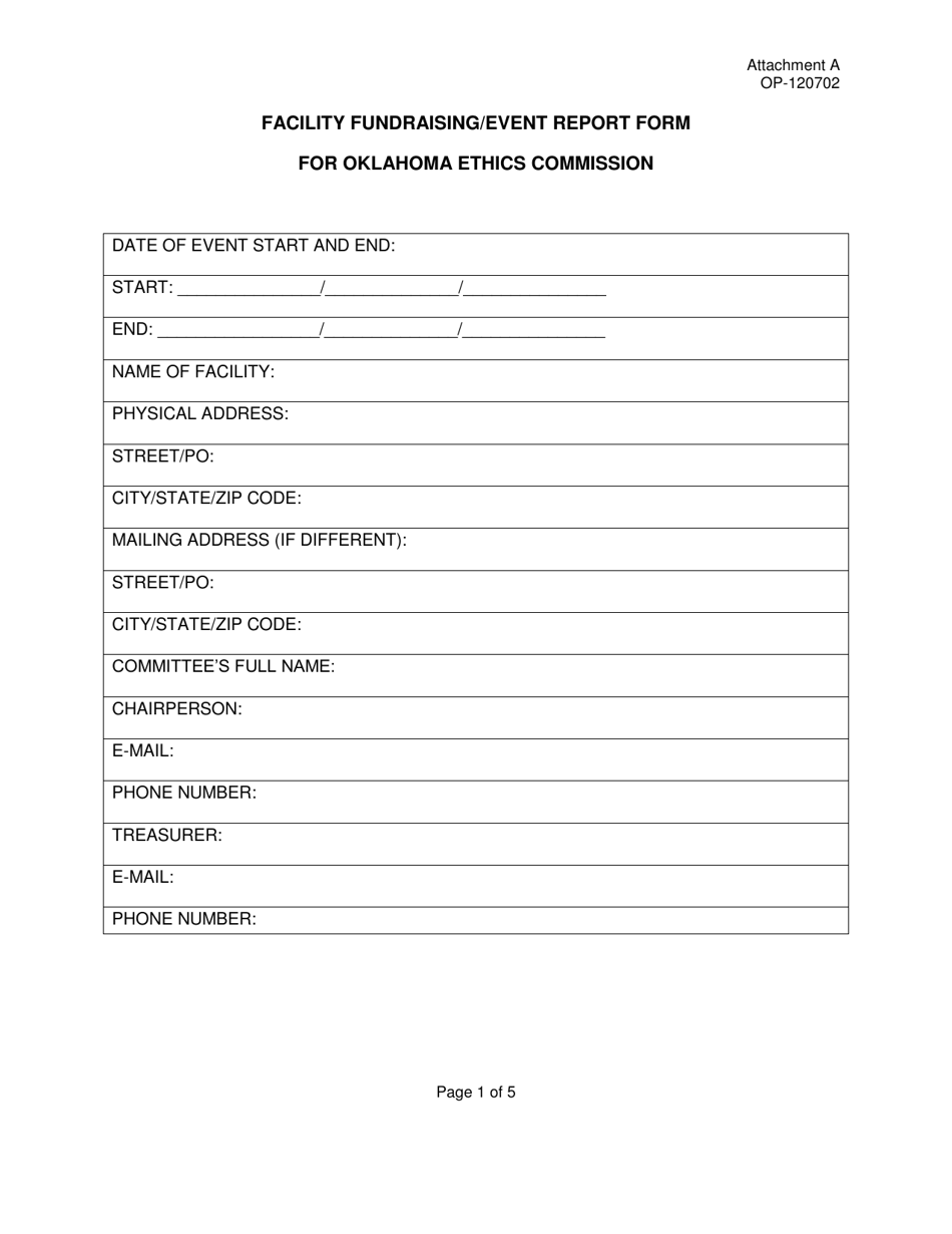 Form OP-120702 Attachment A Facility Fundraising / Event Report Form for Oklahoma Ethics Commission - Oklahoma, Page 1