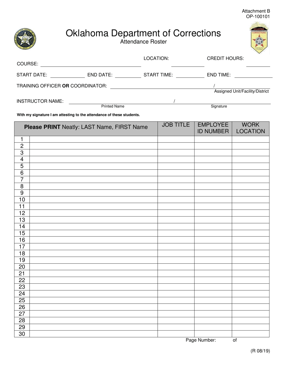 Form OP-100101 Attachment B Attendance Roster - Oklahoma, Page 1