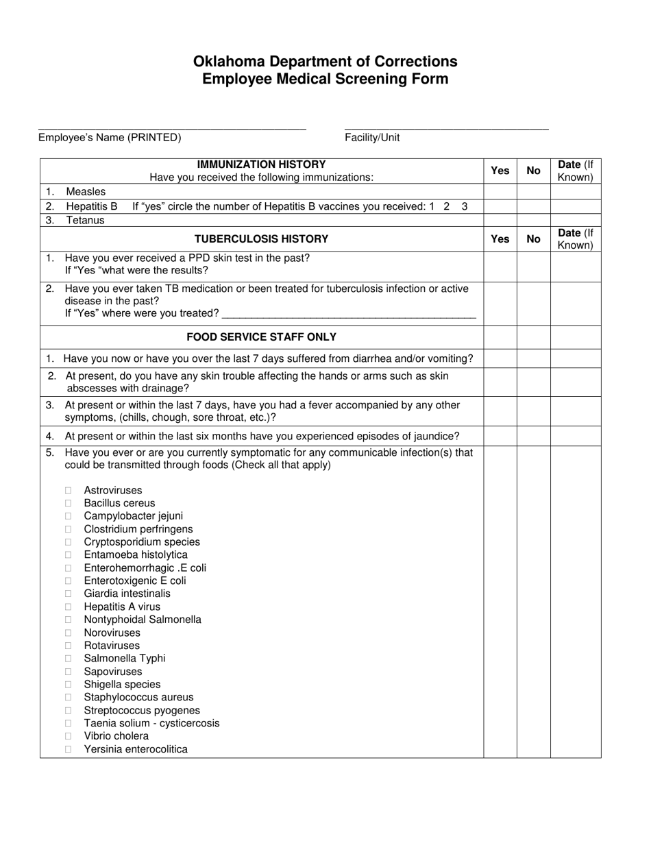 DOC Form 140116A Employee Medical Screening Form / Employee Post-offer Screening and Examination Report Results - Oklahoma, Page 1