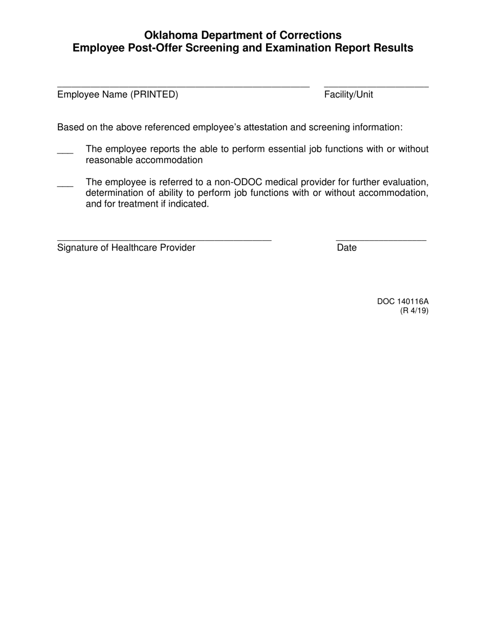 DOC Form 140116A Employee Medical Screening Form / Employee Post-offer Screening and Examination Report Results - Oklahoma, Page 3