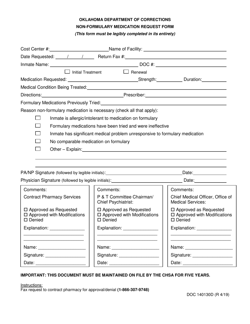 DOC Form 140130D Non-formulary Medication Request Form - Oklahoma, Page 1