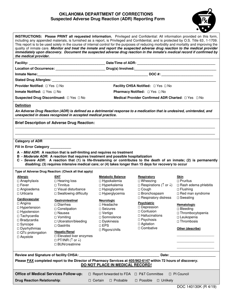 DOC Form 140130K Suspected Adverse Drug Reaction (Adr) Reporting Form - Oklahoma, Page 1