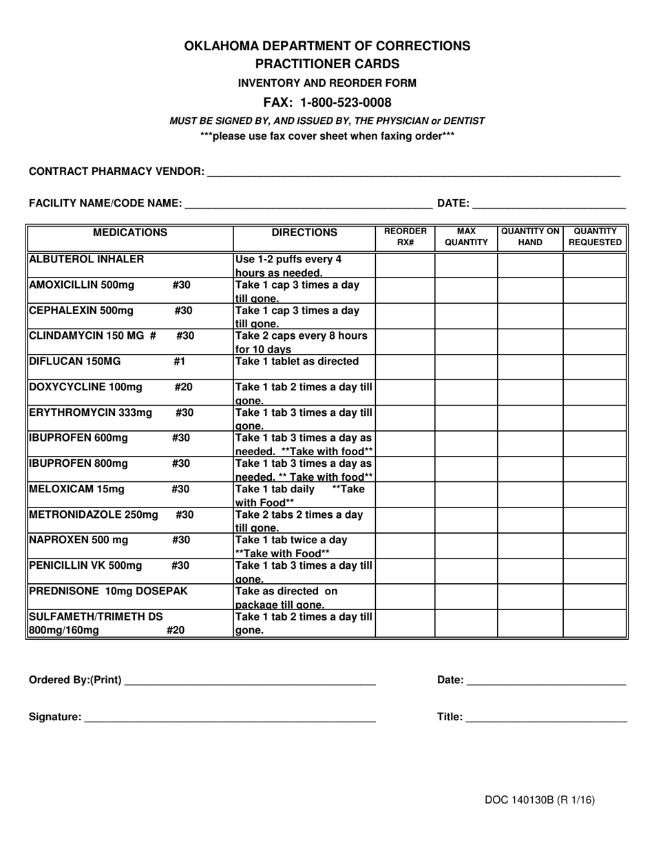 DOC Form 140130B Practitioner Cards Inventory and Reorder Form - Oklahoma, Page 1