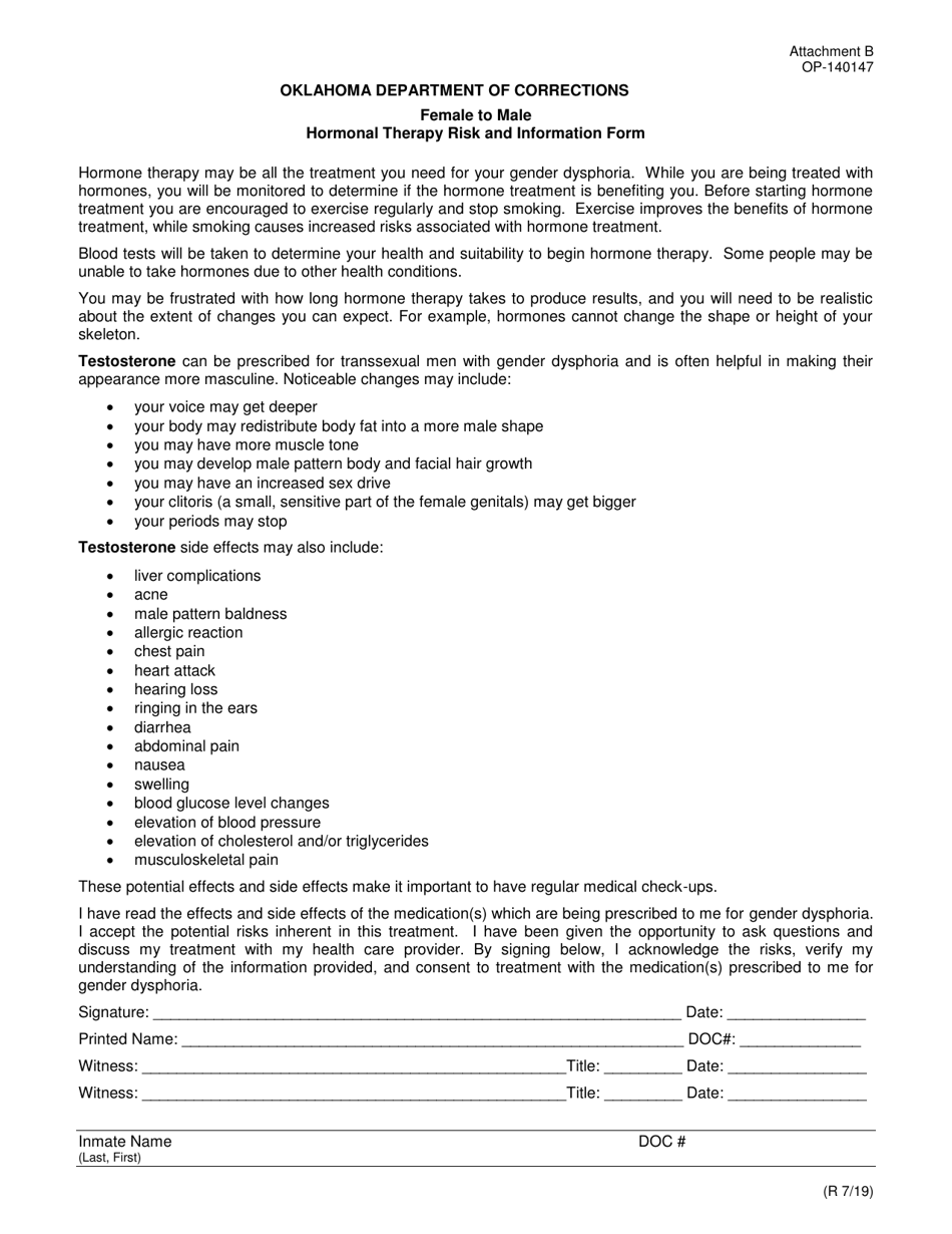 Form OP-140147 Attachment B Female to Male Hormonal Therapy Risk and Information Form - Oklahoma, Page 1