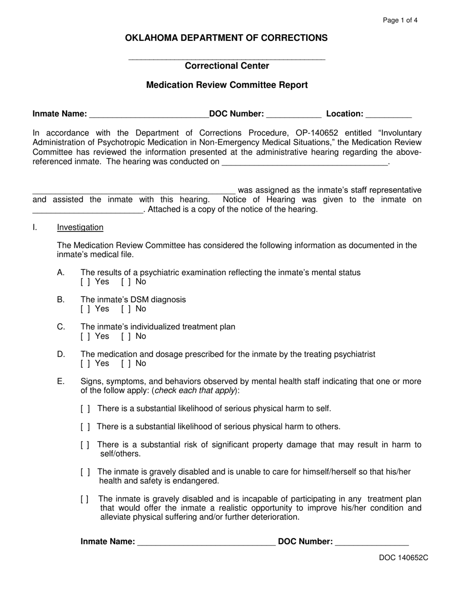 DOC Form 140652C Medication Review Committee Report - Oklahoma, Page 1