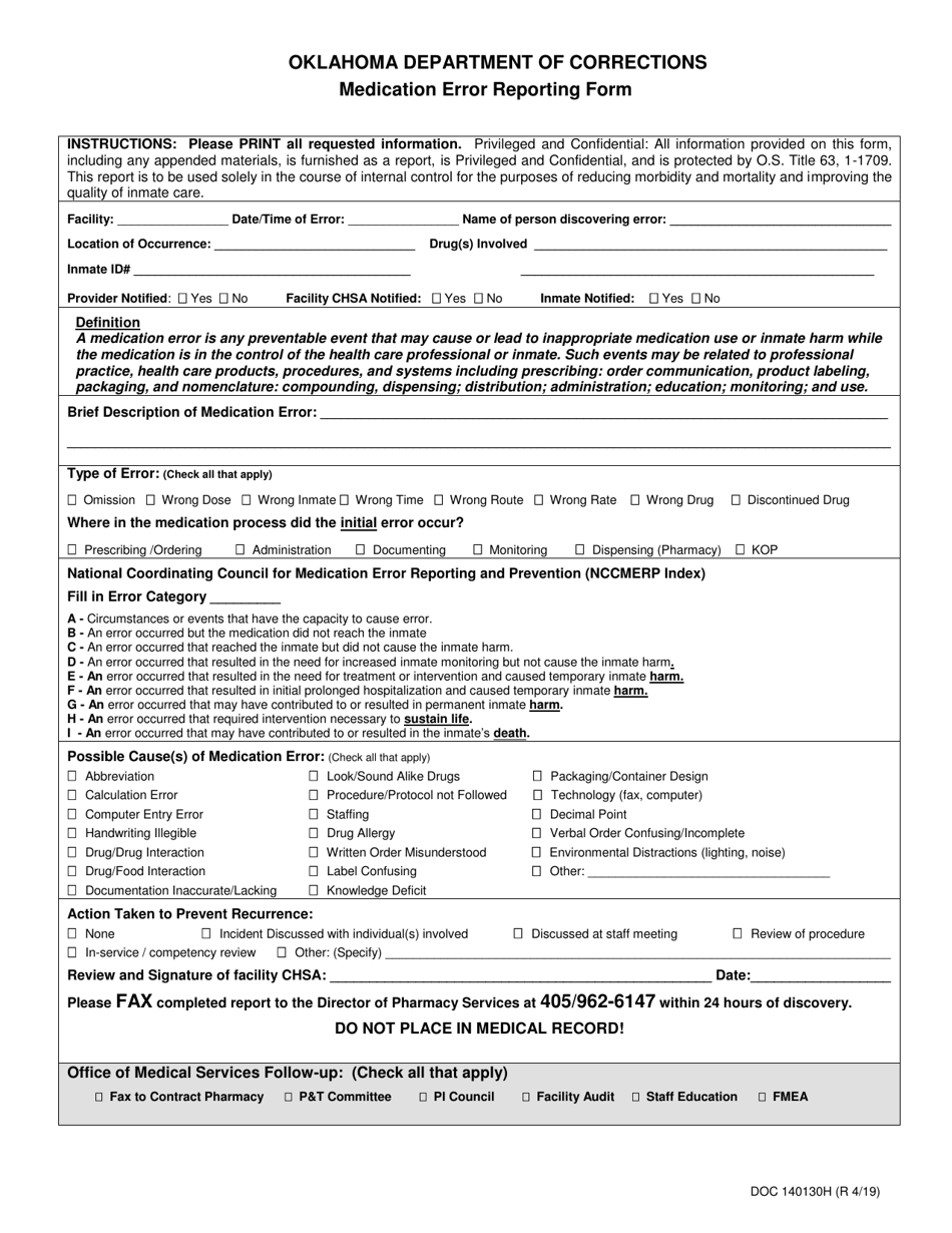 DOC Form 140130H Medication Error Reporting Form - Oklahoma, Page 1
