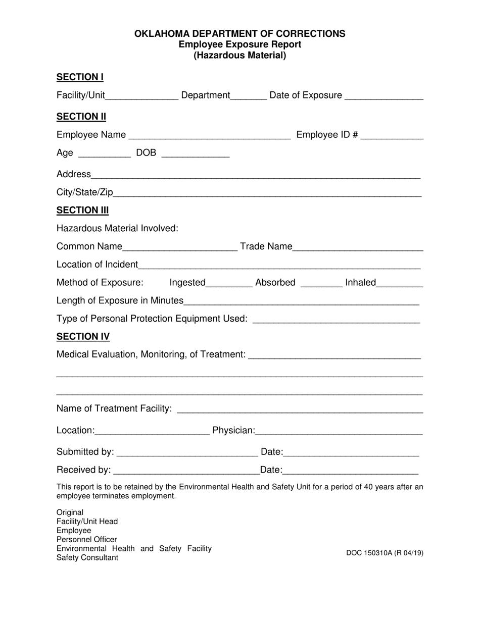 DOC Form 150310A Employee Exposure Report (Hazardous Material) - Oklahoma, Page 1