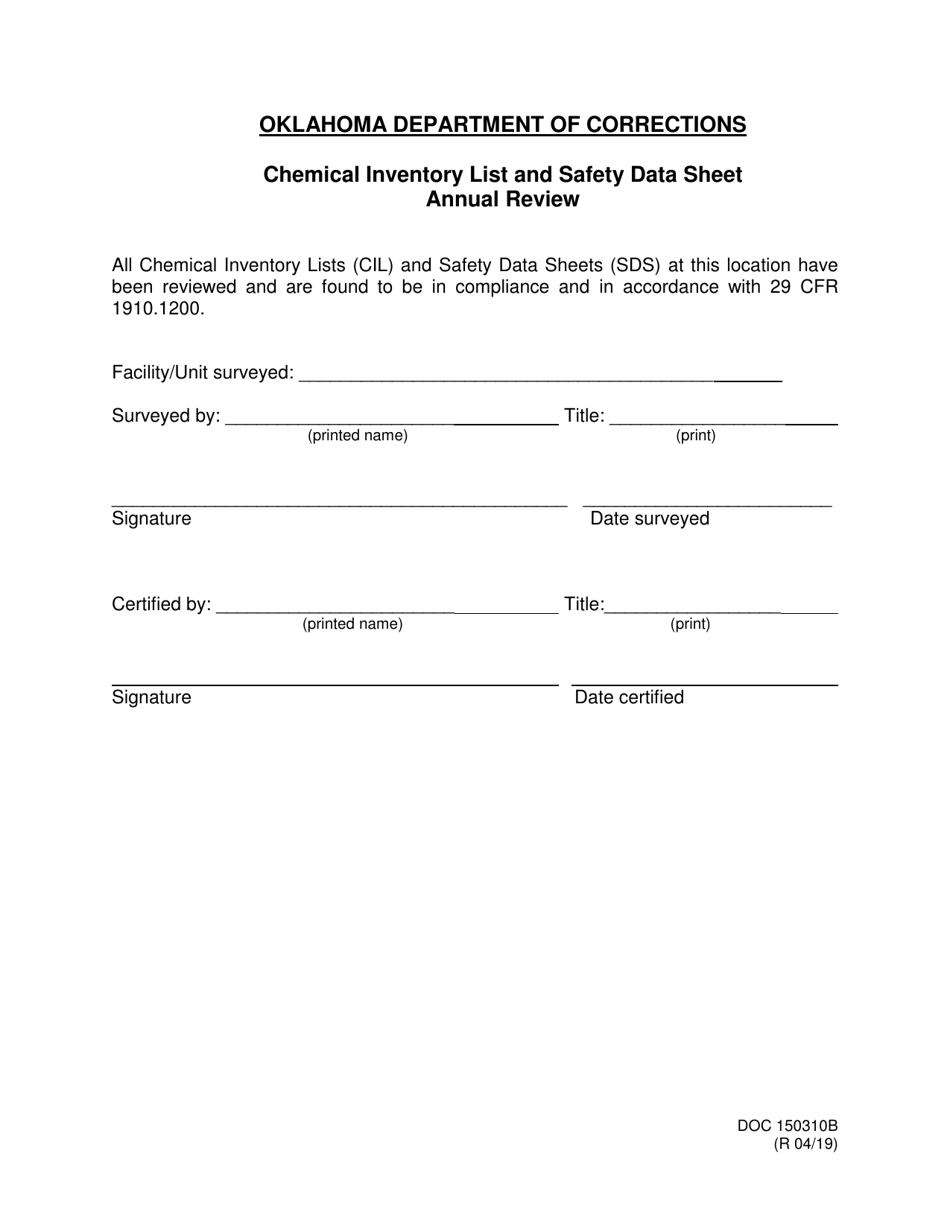 DOC Form 150310B Chemical Inventory List and Safety Data Sheet Annual Review - Oklahoma, Page 1