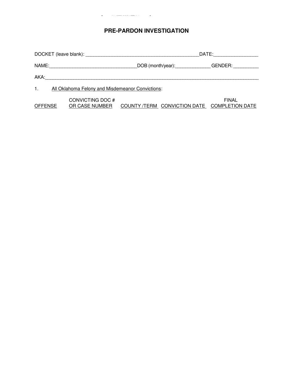 DOC Form 160301A Pre-pardon Investigation - Oklahoma, Page 1